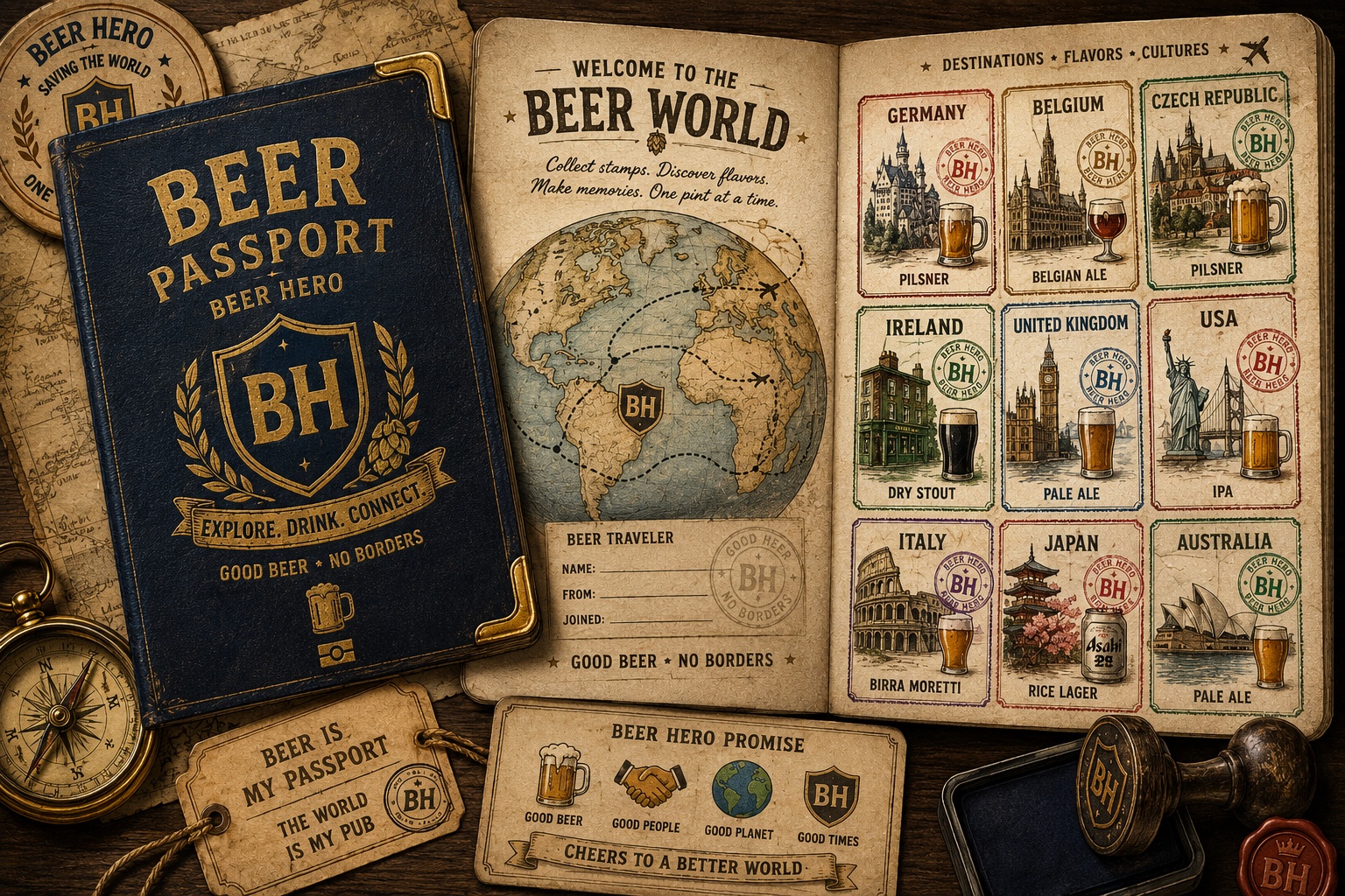 Beer Passport beside an open Beer World travel journal with destination stamps